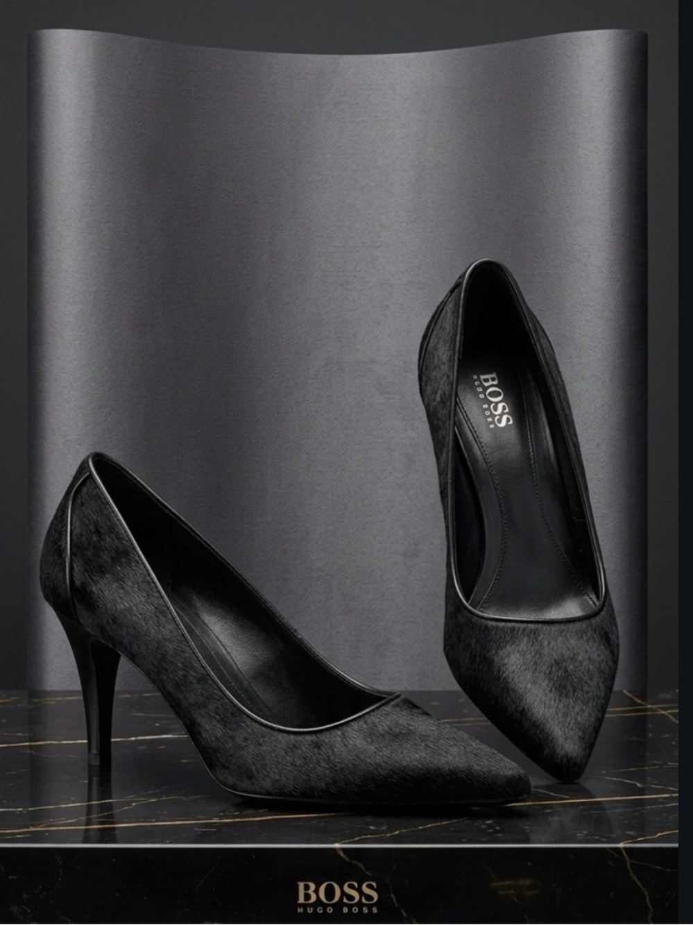 HUGO BOSS Black Calf Hair Pumps Leather Trim Pointed Toe Stiletto Heels Shoes